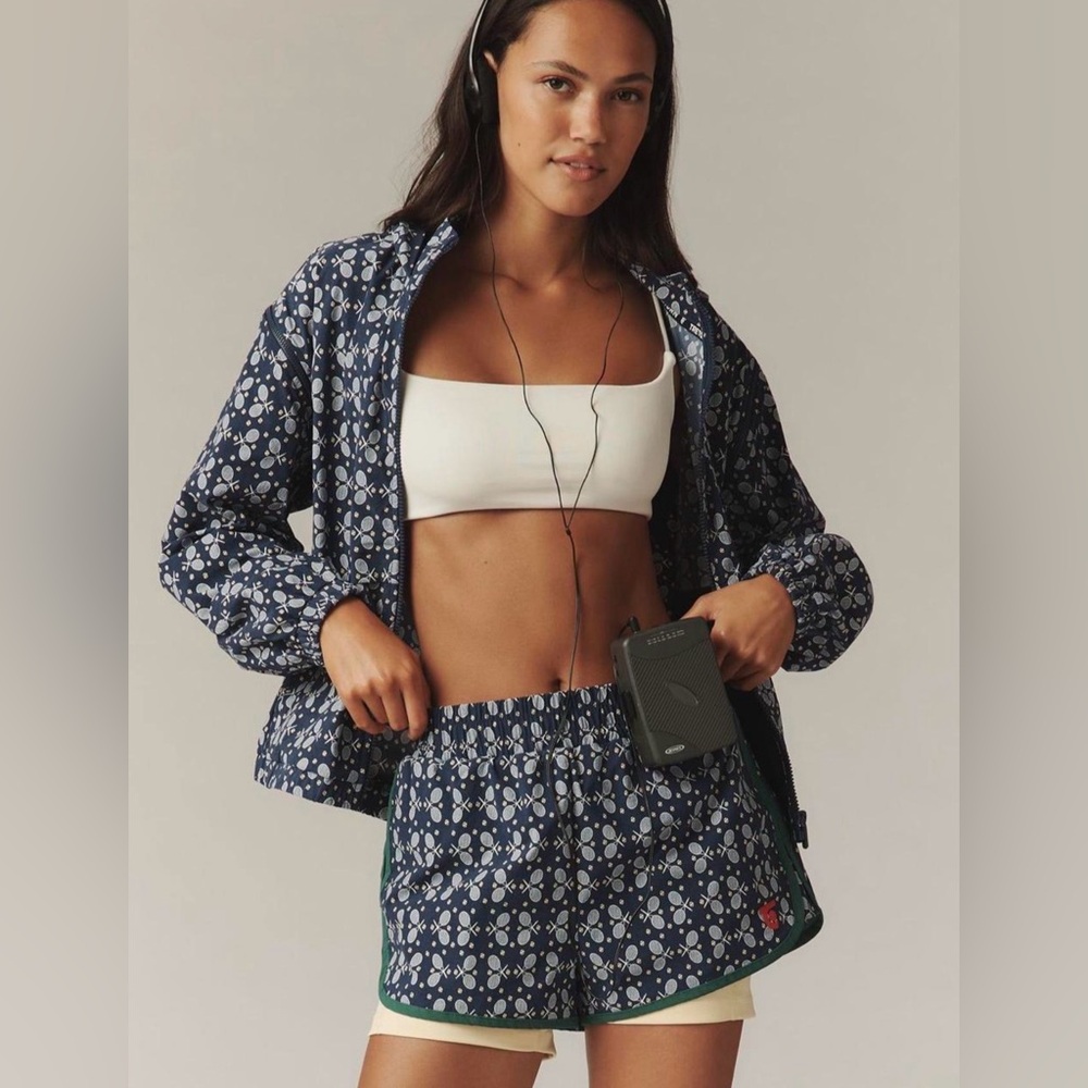 Anthropologie Navy Blue Printed Active Jacket and Shorts Set